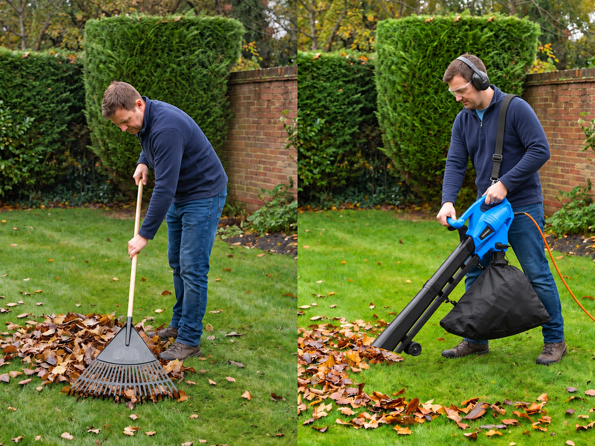 Illustration comparing manual leaf raking with powered collection using both handles and a shoulder harness