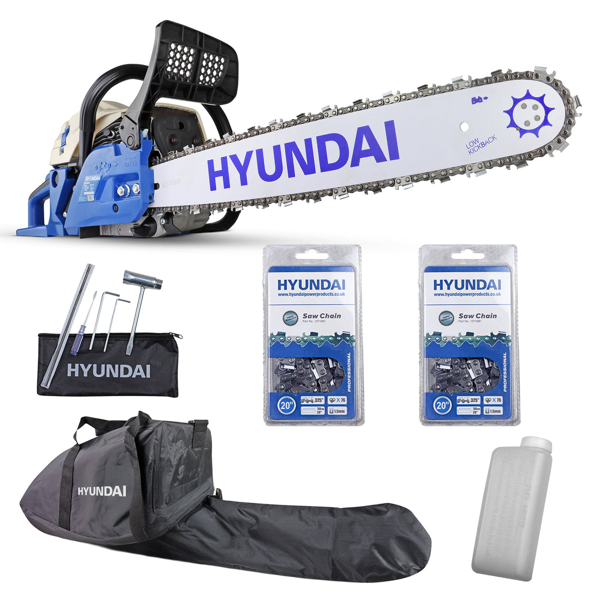 Hyundai HYC6200X and supplied accessories, including two chains, bag, mixing bottle and tools