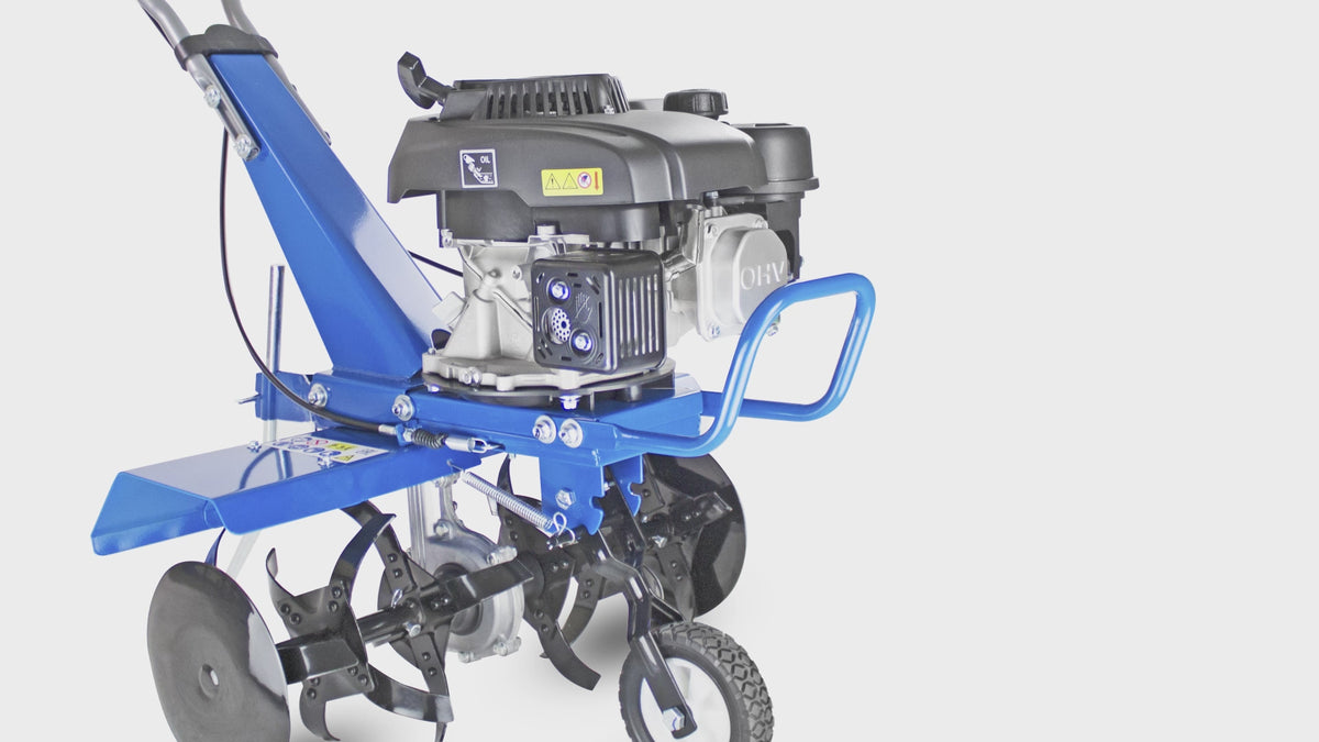 Load video: Hyundai 150cc 56cm Petrol Garden Tiller, Cultivator, Rotovator and Rototiller 4-Stroke 2.7kW 6 x 4 Blades | HYT150