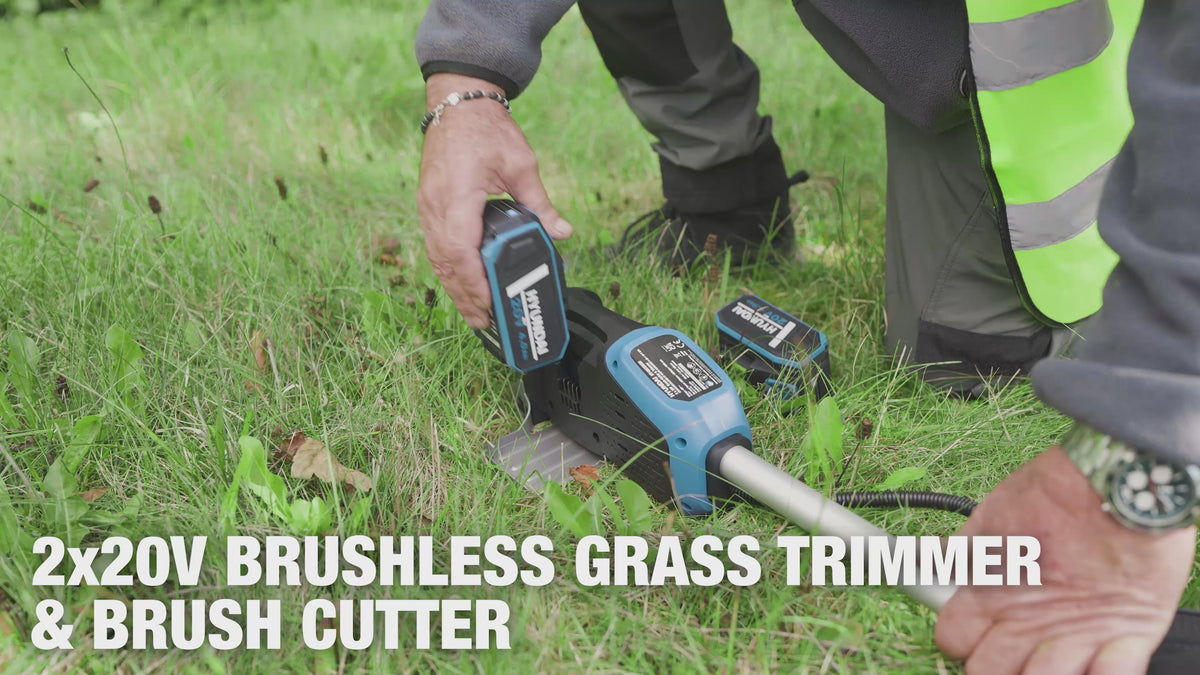 Load video: Hyundai 2x20V Brushless 2-in-1 Brush Cutter &amp; String Trimmer, Straight Split Shaft, 3-Speed, 3 Year Warranty | HY40CGB26