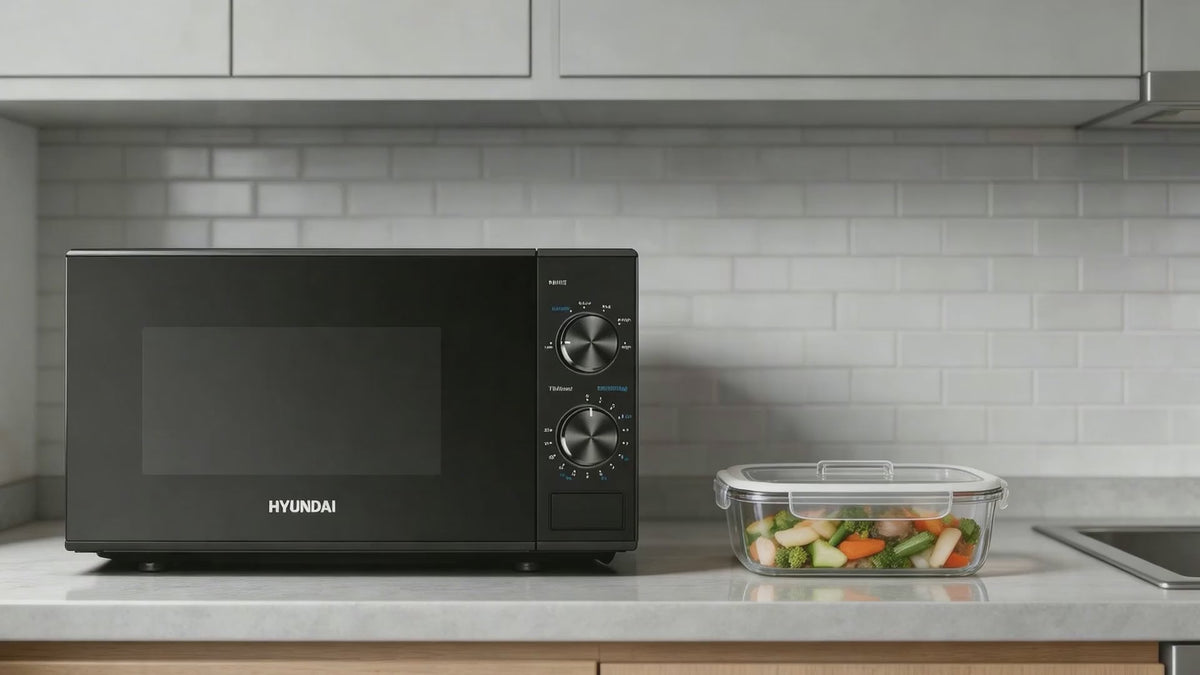 Load video: HYUNDAI 800W 20L Solo Microwave, Dial Control, Stainless Steel Interior | HYMW80020MB