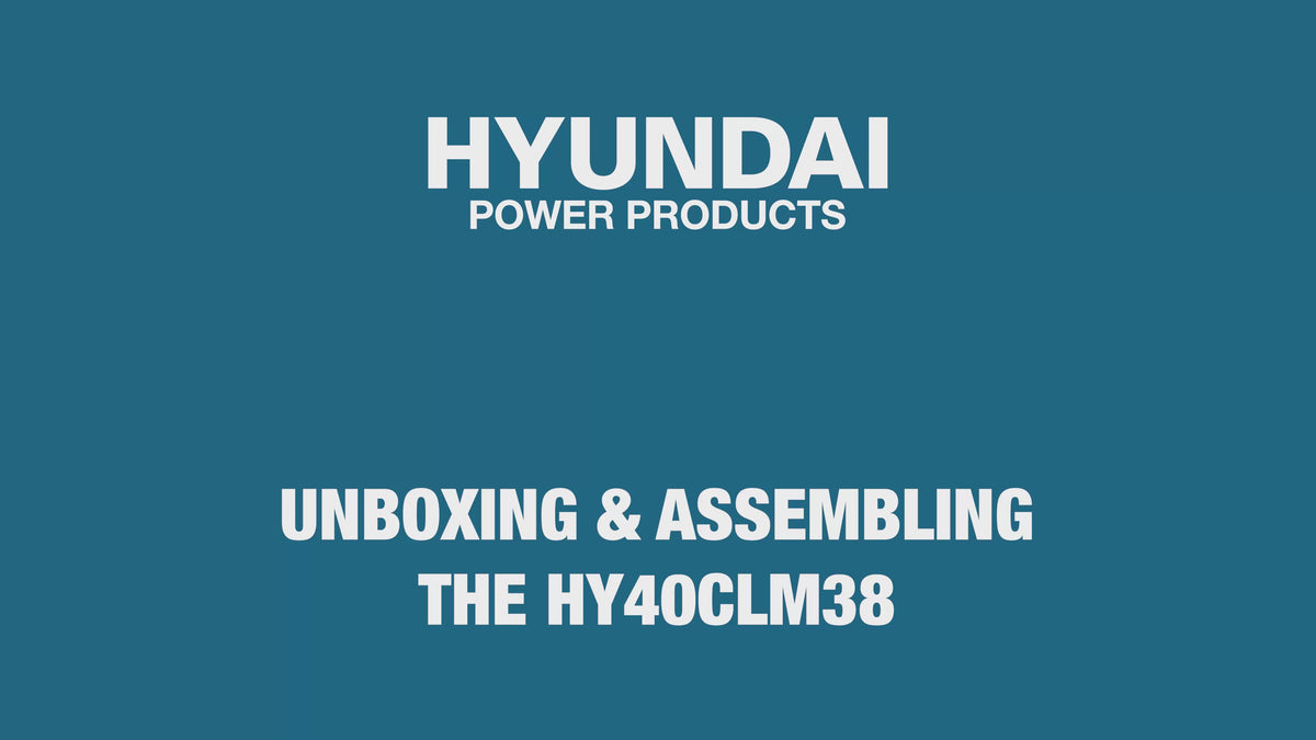 Load video: Hyundai 38cm / 15" 40V (2x20V) 3-in-1 Brushless Cordless Lawnmower,  36L Bag | HY40CLM38