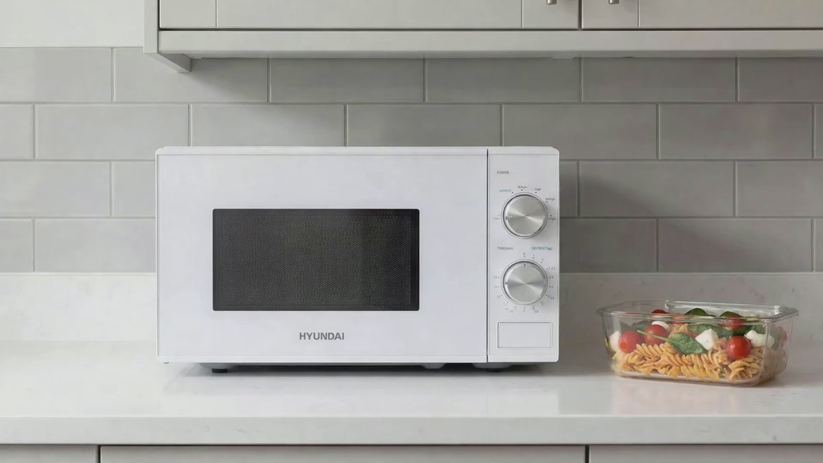 Load video: HYUNDAI 800W 20L Solo Microwave, Dial Control, Stainless Steel Interior | HYMW80020MW