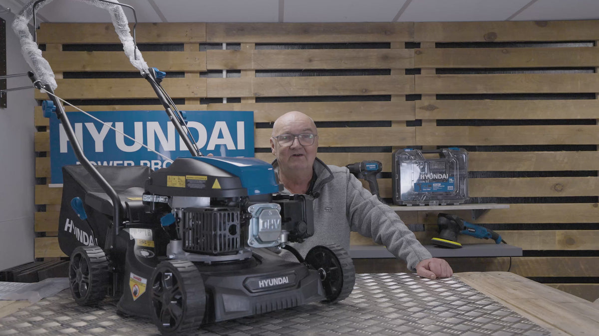 Load video: Hyundai 16" / 40cm Petrol Lawnmower, Hand Push, 139cc Engine | HYM16130PX