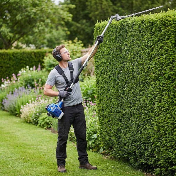 Long reach hedge trimmer with 180° articulating head