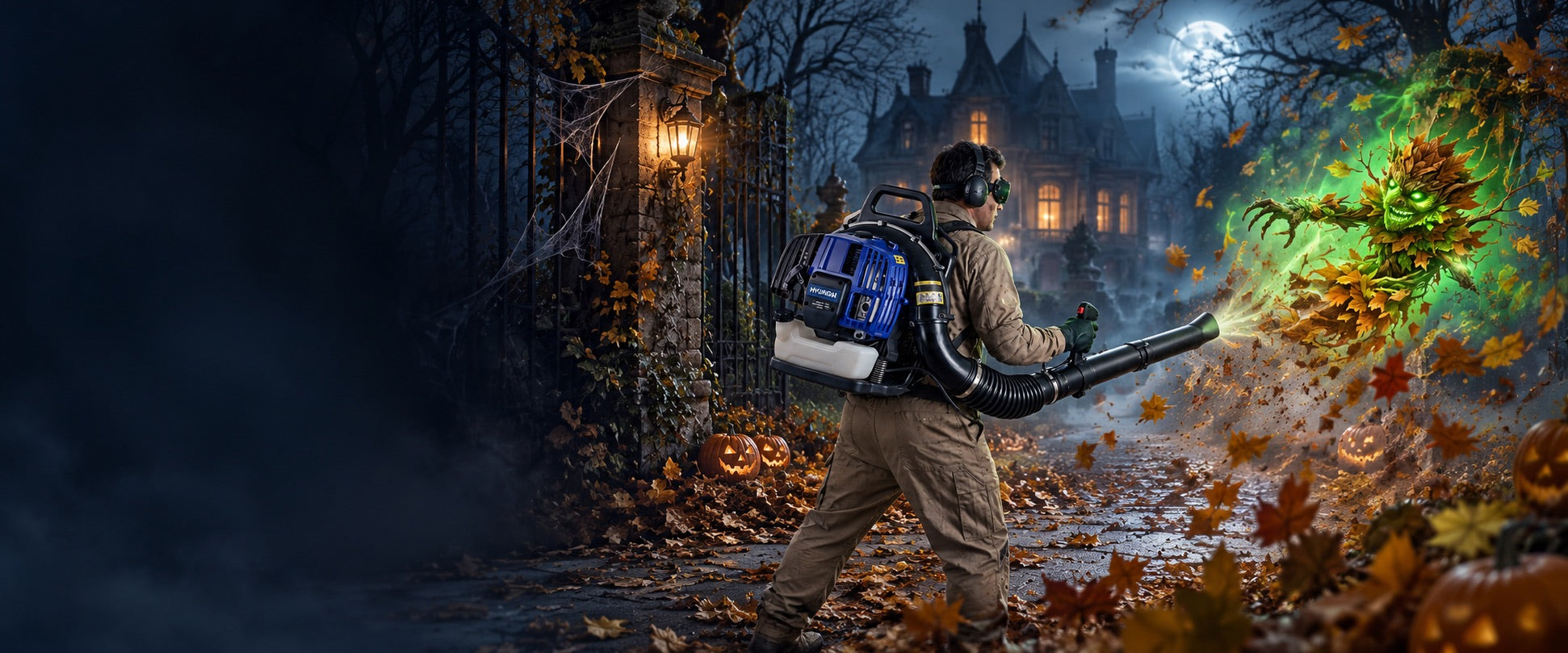 Hyundai backpack blower clearing leaves in a haunted manor garden