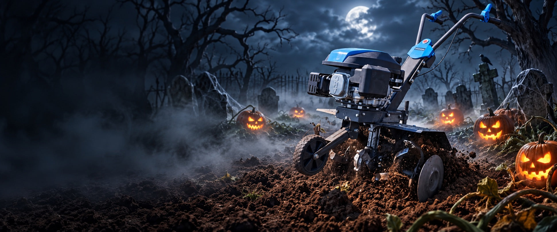 Hyundai garden tiller in a moonlit Halloween pumpkin patch