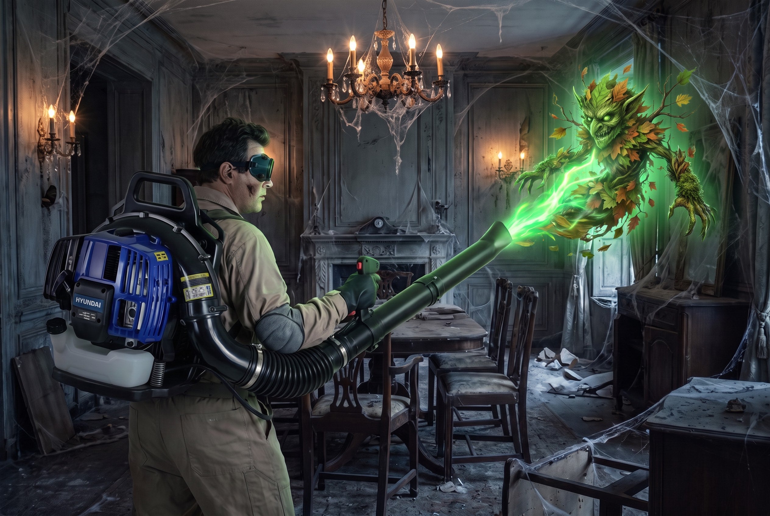 Hyundai backpack blower confronting a leaf monster in a haunted manor