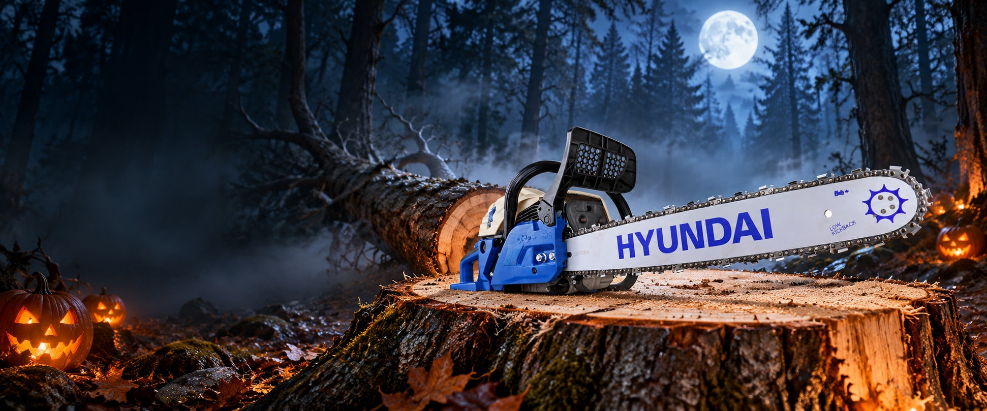 Hyundai HYC6200X chainsaw beside a freshly felled tree in a moonlit Halloween forest