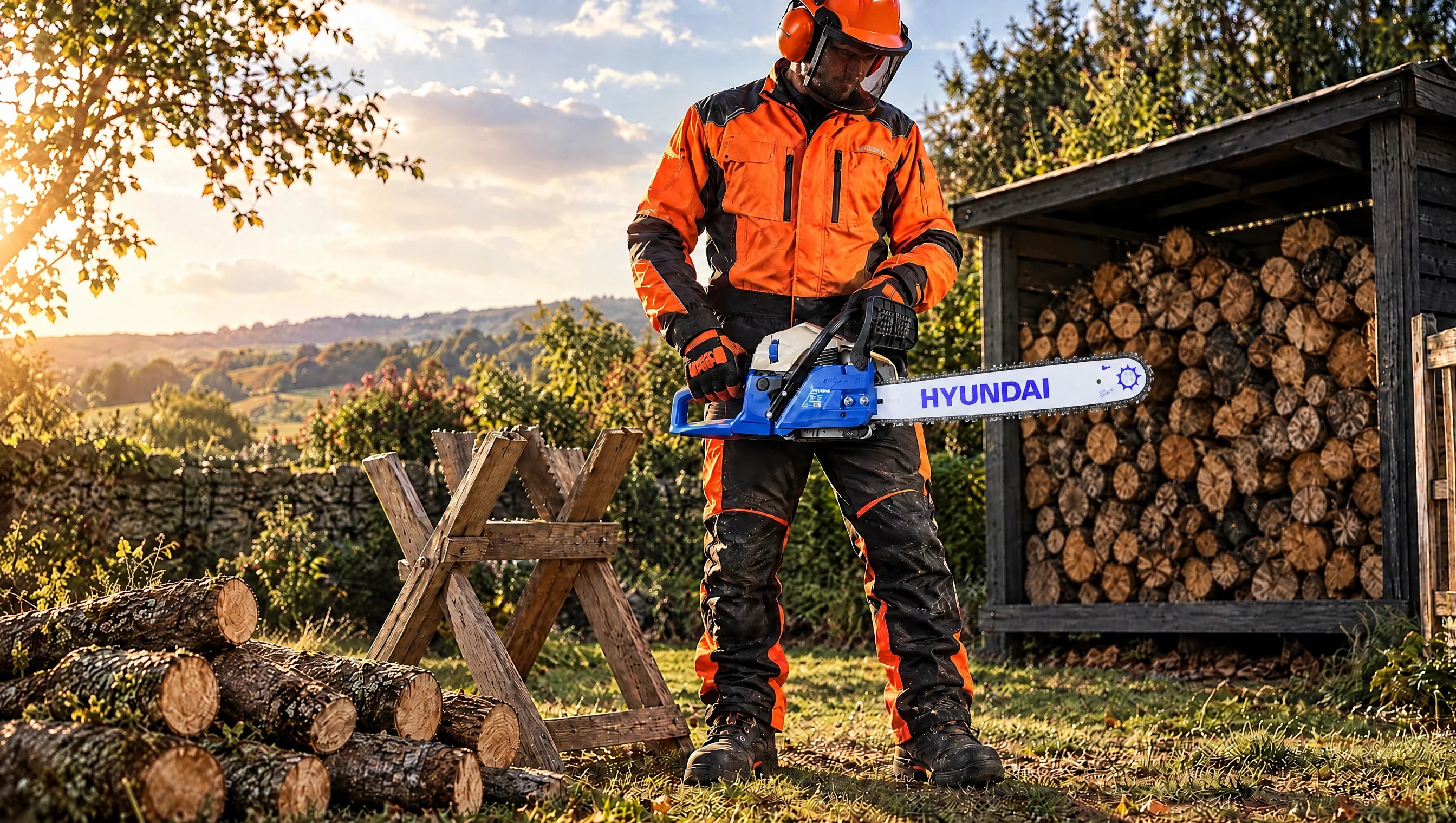 Operator wearing protective equipment holding a Hyundai HYC6200X beside a wood store.